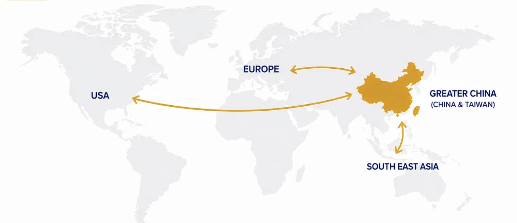Global connections from Greater China to USA, Europe and South East Asia